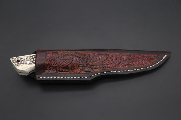 Mr. Itou  ITH-145B  "Treasure Hunter Series" Custom R-2 Damascus 5" Drop-point Hunter, Armadillo Brown/Shite Hide Handle