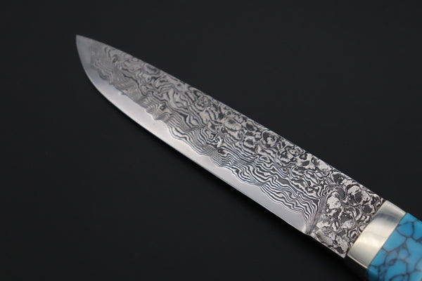 Mr. Itou  ITH-145B  "Treasure Hunter Series" Custom R-2 Damascus 5" Drop-point Hunter, Armadillo Brown/Shite Hide Handle