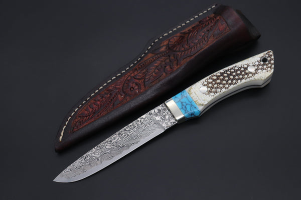 Mr. Itou  ITH-145B  "Treasure Hunter Series" Custom R-2 Damascus 5" Drop-point Hunter, Armadillo Brown/Shite Hide Handle