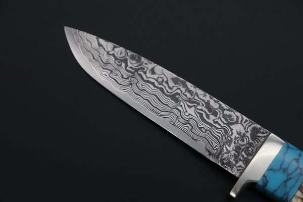 Mr. Itou  ITH-150A  "Treasure Hunter Series" Custom R-2 Damascus 4-1/2" Drop-point Hunter, Armadillo 'Over-lay texture' Hide Handle