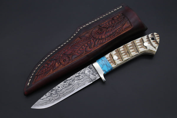 Mr. Itou  ITH-150A  "Treasure Hunter Series" Custom R-2 Damascus 4-1/2" Drop-point Hunter, Armadillo 'Over-lay texture' Hide Handle