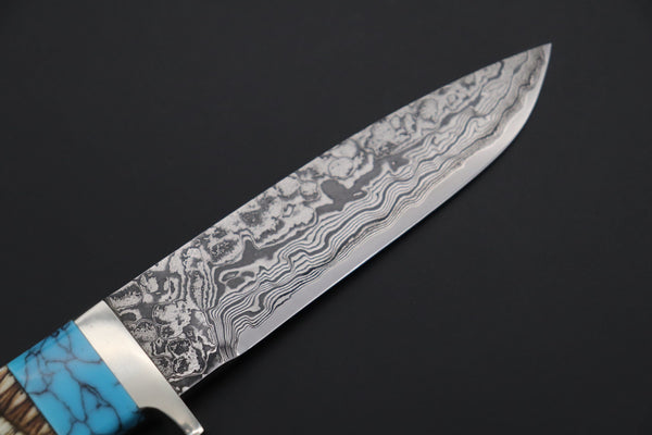 Mr. Itou  ITH-150A  "Treasure Hunter Series" Custom R-2 Damascus 4-1/2" Drop-point Hunter, Armadillo 'Over-lay texture' Hide Handle