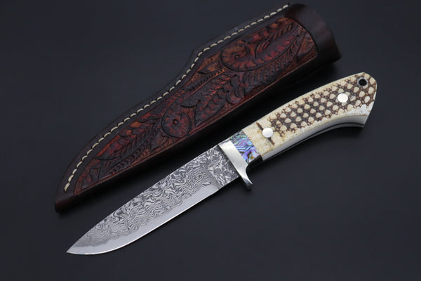 Mr. Itou  ITH-150B  "Treasure Hunter Series" Custom R-2 Damascus 4-1/2" Drop-point Hunter, Armadillo 'Dots texture" Hide Handle