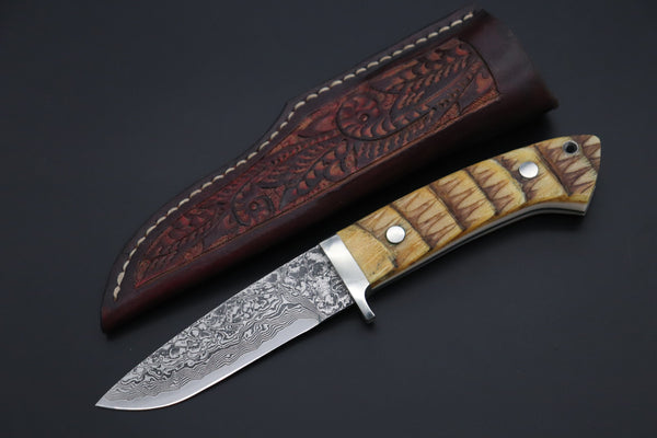 Mr. Itou  ITH-155A  "Treasure Hunter Series" Custom R-2 Damascus 4" Drop-point Hunter, Armadillo 'Over-lay texture' Hide Handle