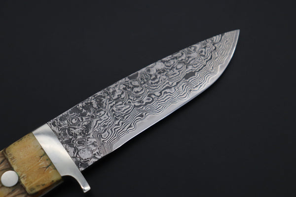 Mr. Itou  ITH-155A  "Treasure Hunter Series" Custom R-2 Damascus 4" Drop-point Hunter, Armadillo 'Over-lay texture' Hide Handle