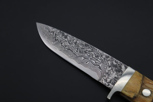 Mr. Itou  ITH-155A  "Treasure Hunter Series" Custom R-2 Damascus 4" Drop-point Hunter, Armadillo 'Over-lay texture' Hide Handle