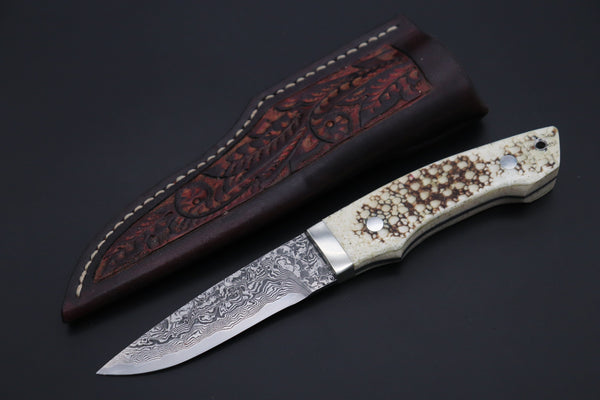 Mr. Itou  ITH-155B  "Treasure Hunter Series" Custom R-2 Damascus 4" Drop-point Hunter, Armadillo  'Dots texture' Hide Handle