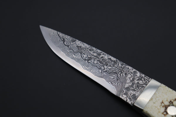 Mr. Itou  ITH-155B  "Treasure Hunter Series" Custom R-2 Damascus 4" Drop-point Hunter, Armadillo  'Dots texture' Hide Handle