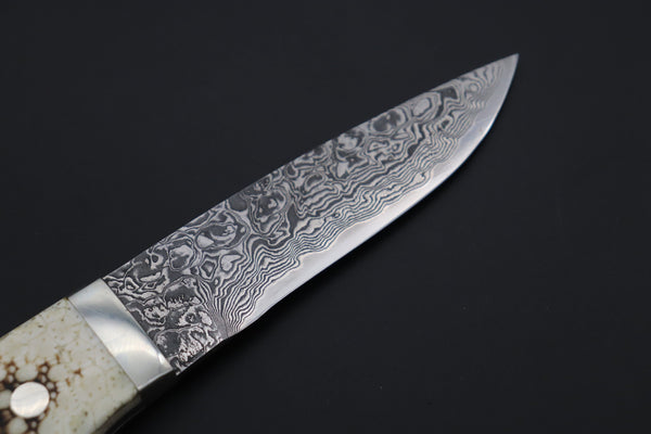 Mr. Itou  ITH-155B  "Treasure Hunter Series" Custom R-2 Damascus 4" Drop-point Hunter, Armadillo  'Dots texture' Hide Handle