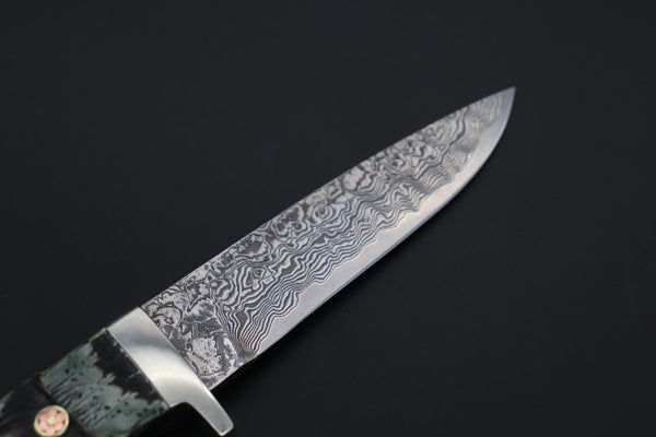 Mr. Itou  ITH-160A  "Treasure Hunter Series" Custom R-2 Damascus 3-1/2" Drop-point Hunter, Armadillo  'Blue Over-lay texture' Hide Handle