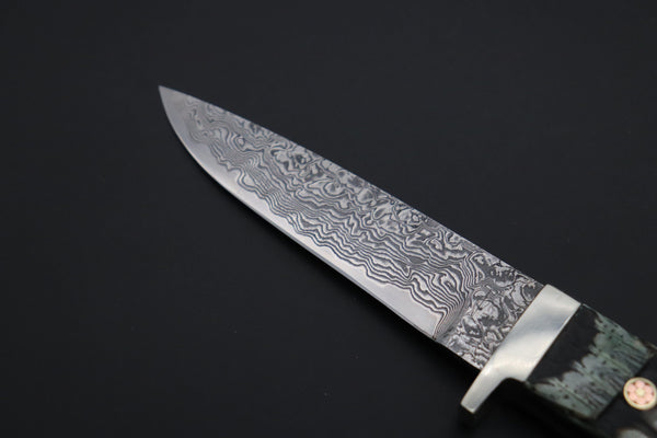 Mr. Itou  ITH-160A  "Treasure Hunter Series" Custom R-2 Damascus 3-1/2" Drop-point Hunter, Armadillo  'Blue Over-lay texture' Hide Handle