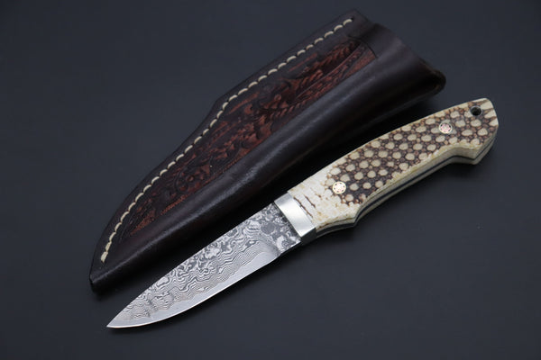 Mr. Itou  ITH-160B  "Treasure Hunter Series" Custom R-2 Damascus 3-1/2" Drop-point Hunter, Armadillo  'Brown Dots texture' Hide Handle