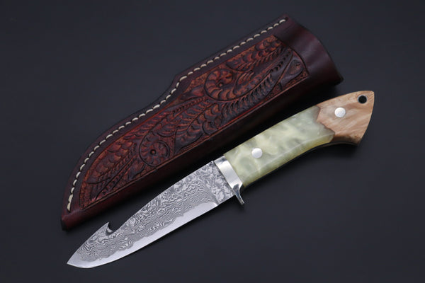 Mr. Itou ITH-175 "Treasure Hunter Series" Custom R-2 Damascus 4-1/2" Drop-point Gut-hook Hunter, Hybrid Handle