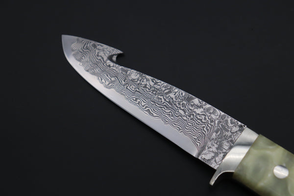 Mr. Itou ITH-175 "Treasure Hunter Series" Custom R-2 Damascus 4-1/2" Drop-point Gut-hook Hunter, Hybrid Handle