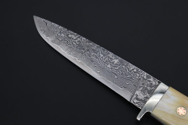 Mr. Itou  ITH-200  "Treasure Hunter Series" Custom R-2 Damascus 5" Drop-point Hunter, Narwhal Tusk Handle