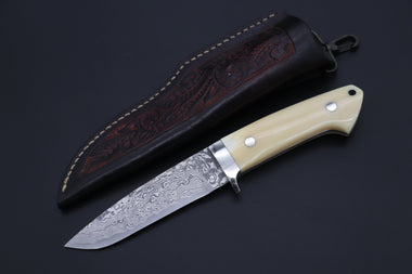 Mr. Itou  ITH-240  "Treasure Hunter Series" Custom R-2 Damascus 4.8" Drop-point Hunter, Narwhal Tusk Handle