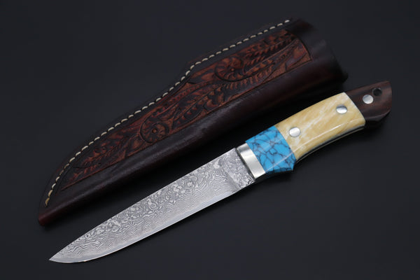 Mr. Itou ITH-30  "Treasure Hunter Series" Custom R-2 Damascus 5-1/2" Drop-point Hunter, Narwhal Tusk Custom Combination Handle