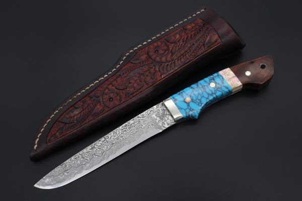 Mr. Itou ITH-55  "Treasure Hunter Series" Custom R-2 Damascus 6" Drop-point Hunter, Turquoise Custom Combination Handle