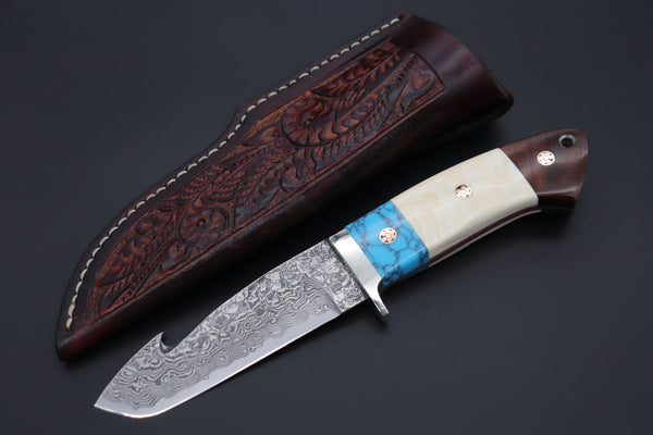 Mr. Itou ITH-60  "Treasure Hunter Series" Custom R-2 Damascus 4-1/2" Drop-point Gut-hook Hunter, Mammoth Tusk Ivory Custom Combination Handle