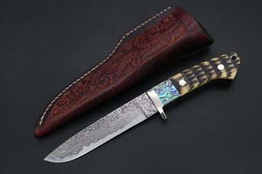 Mr. Itou  ITH-65B  "Treasure Hunter Series" Custom R-2 Damascus 5-1/2" Drop-point Hunter, Dark Brown Color Armadillo Hide Handle