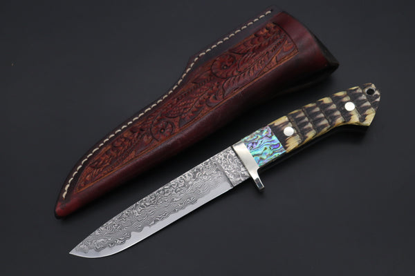 Mr. Itou  ITH-65B  "Treasure Hunter Series" Custom R-2 Damascus 5-1/2" Drop-point Hunter, Dark Brown Color Armadillo Hide Handle