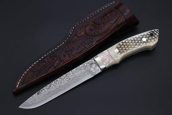 Mr. Itou  ITH-70A  "Treasure Hunter Series" Custom R-2 Damascus 5-1/2" Drop-point Hunter, 'Dots Pattern' Armadillo Hide Handle