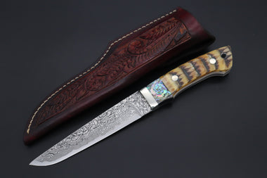 Mr. Itou  ITH-70B  "Treasure Hunter Series" Custom R-2 Damascus 5-1/2" Drop-point Hunter, 'Over-lay pattern' Armadillo Hide Handle