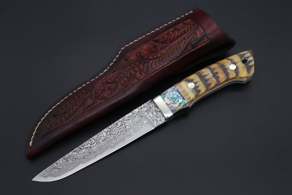 Mr. Itou  ITH-70B  "Treasure Hunter Series" Custom R-2 Damascus 5-1/2" Drop-point Hunter, 'Over-lay pattern' Armadillo Hide Handle