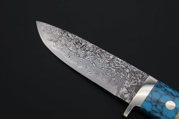 Mr. Itou  ITH-85B  "Treasure Hunter Series" Custom R-2 Damascus 4-1/4" Drop-point Hunter, Blue Mammoth Tusk  Ivory Handle