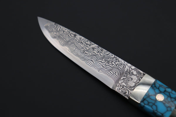 Mr. Itou ITH-95  "Treasure Hunter Series" Custom R2 Damascus 3-3/4" Drop-point Hunter, Blue Mammoth Tusk Ivory Handle