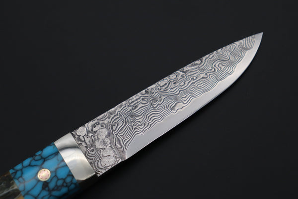 Mr. Itou ITH-95  "Treasure Hunter Series" Custom R2 Damascus 3-3/4" Drop-point Hunter, Blue Mammoth Tusk Ivory Handle