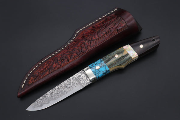 Mr. Itou ITH-95  "Treasure Hunter Series" Custom R2 Damascus 3-3/4" Drop-point Hunter, Blue Mammoth Tusk Ivory Handle