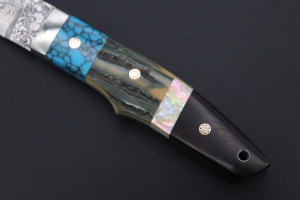 Mr. Itou ITH-95  "Treasure Hunter Series" Custom R2 Damascus 3-3/4" Drop-point Hunter, Blue Mammoth Tusk Ivory Handle