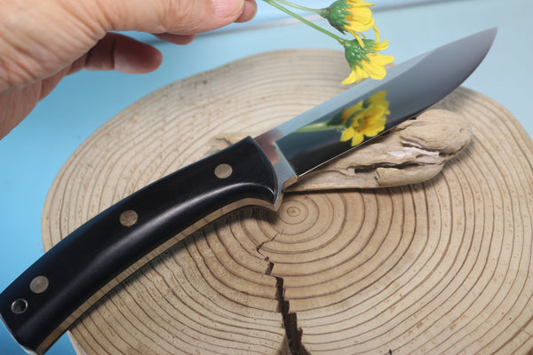 NOBUAKI YAMAMOTO NY-180 "Semi Skinner & Hunter" 4-3/4" Solid VG-10 Highly Mirror Polished Blade, Black Micarta Handle