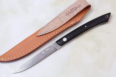 Hattori KD30-MEDAKA-2E Cowry X Damascus Little Fisherman's Utility (Ebony Wood Handle) - JapaneseKnifeDirect.Com