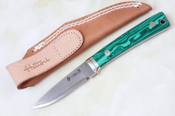 Hattori 傘 SAN Limited Edition SAN-20G Limited Cowry-X Damascus EDC Utility Hunter (Green Malachite Gem-Composite Stone Handle)