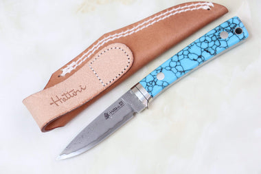 Hattori 傘 SAN Limited Edition SAN-20T Limited Cowry-X Damascus EDC Utility Hunter (Turquoise Gem-Composite Stone Handle)