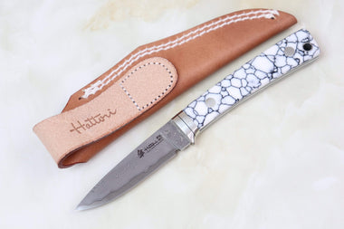 Hattori 傘 SAN Limited Edition SAN-20WT Limited Cowry-X Damascus EDC Utility Hunter (White Turquoise Gem-Composite Stone Handle)