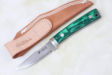 Hattori 傘 SAN Limited Edition SAN-29G Limited Cowry-X Damascus Little Hunter (Clip Point, Green Malachite Gem-Composite Stone Handle)