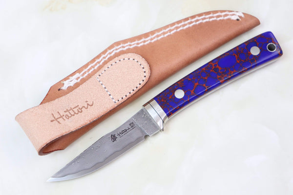 Hattori 傘 SAN Limited Edition SAN-29PT Limited Cowry-X Damascus Little Hunter (Clip Point, Purple Turquoise Gem-Composite Stone Handle)