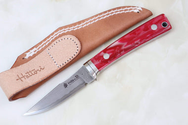 Hattori 傘 SAN Limited Edition SAN-29SO Limited Cowry-X Damascus Little Hunter (Clip Point, Spiny Oyster Gem-Composite Stone Handle)