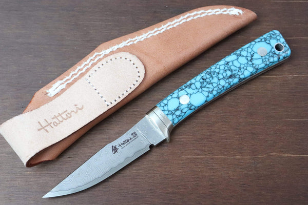 Hattori 傘 SAN Limited Edition SAN-29T Limited Cowry-X Damascus Little Hunter (Clip Point, Turquoise Gem-Composite Stone Handle)