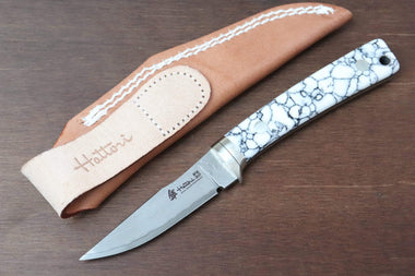 Hattori 傘 SAN Limited Edition SAN-29WT Limited Cowry-X Damascus Little Hunter (Clip Point, White Turquoise Gem-Composite Stone Handle)