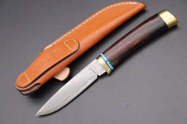Hattori 傘 SAN Limited Edition SAN-60A Cowry-X Damascus Special Utility Hunter "Custom Desert Ironwood Handle with Turquoise Composite Stone Ring"