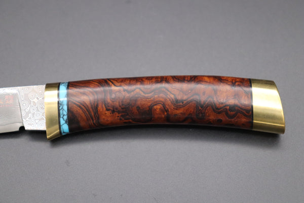 Hattori 傘 SAN Limited Edition SAN-60B Cowry-X Damascus Special Utility Hunter "Custom Desert Ironwood Handle with Turquoise Composite Stone Ring"