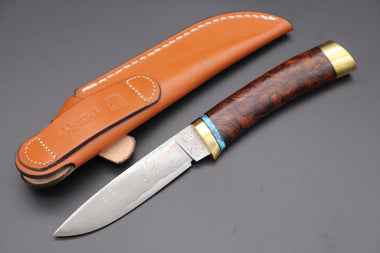 Hattori 傘 SAN Limited Edition SAN-60B Cowry-X Damascus Special Utility Hunter "Custom Desert Ironwood Handle with Turquoise Composite Stone Ring"