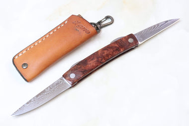 Kei Goto GH-90Q Higonokami Folders Core-Less Damascus Two Blade Version | Quince Burl Wood Handle