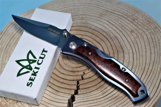 Seki Cut SC-168 Blue Impulse Front Lock Folder | Quince Burl wood Handle